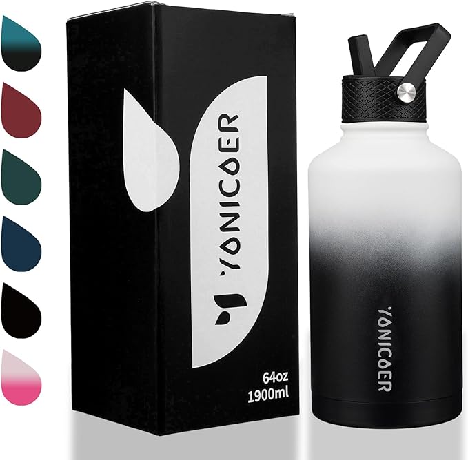 Insulated Water Bottle 64oz,Triple Wall Vacuum Stainless Steel(Dishwasher Safe),Leak Proof & Non-BPA,Flask Jug with Paracord Handle & Straw Spout Lids Sports Gradient black