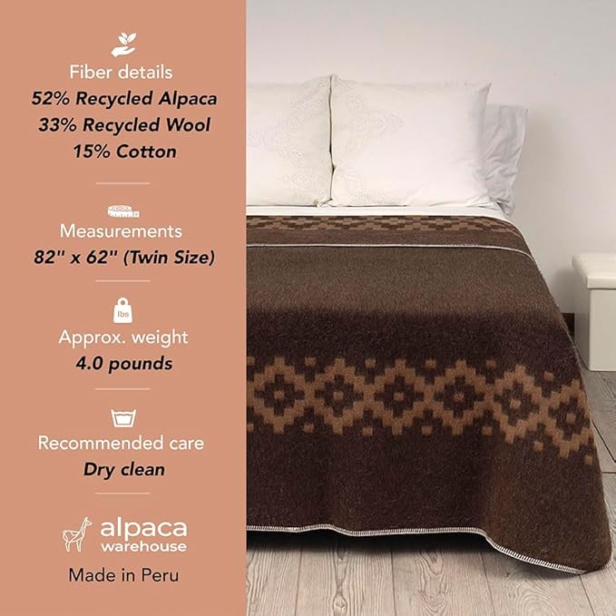 Thick Alpaca Wool Blanket Heavyweight Camping Outdoors Indoors Soft Peru Twin Size Ethnic Design (Soft Blue/Ivory, Twin Size)
