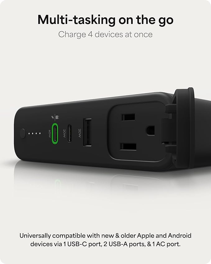 mophie powerstation pro AC (2023)-27,000 mAh External Battery compatbile With MacBook&iPad Portable PD battery with 100W of AC&60W USB-C Fast Charge integrated carry strap-USB-C cable included, Black