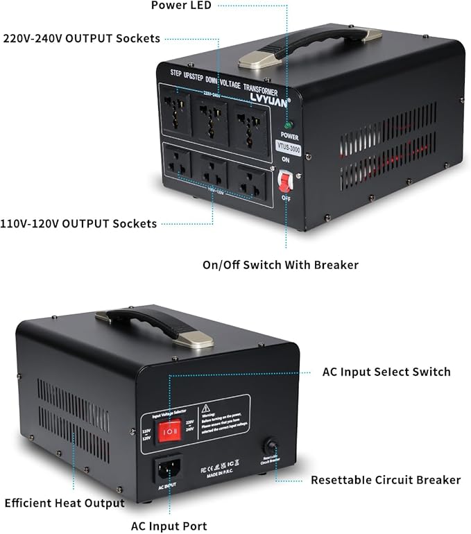 LVYUAN 3000 Watt Voltage Converter Transformer Heavy Duty Step Up/Down AC 110V/120V/220V/240V Power Converter with 3 US Outlets, 3 Universal Outlets, Resettable Circuit Breaker Protection
