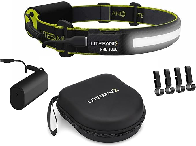 Liteband PRO Bundle 1000 Lumens LED Headlamp Rechargeable Battery Powered, Bright Tactical Head Lamp Flashlight Hard Hat Light, Mechanic Lamps, Camping, Running, Best Rated For Forehead, Carbon