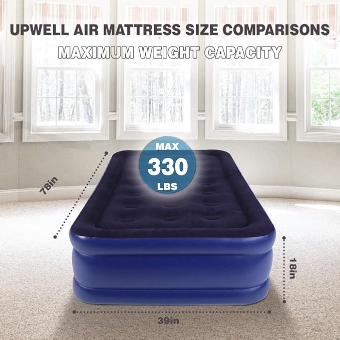 UPWELL Inflatable Air Mattress Twin with Built in Pump Comfort Blow up Bed Waterproof Fast&Easy Set up Dura Beam Strong Support Mattress for Home Guests & Camping Navy Blue
