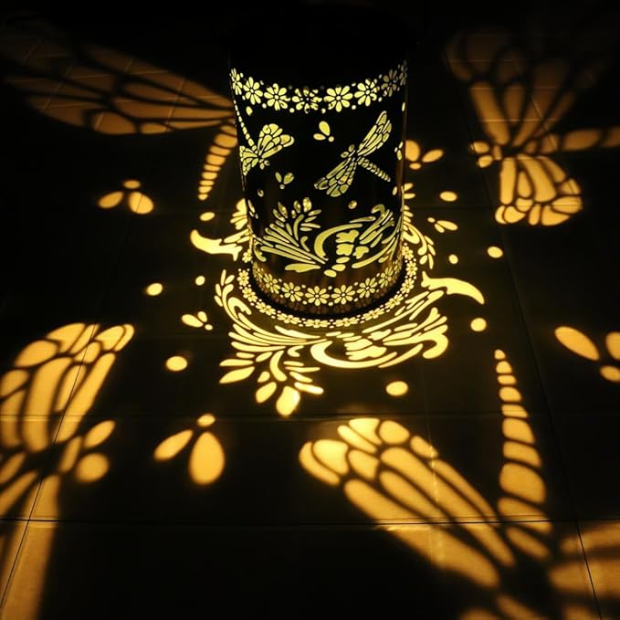 2 Pack Dragonfly Hanging Solar Lanterns Outdoor Waterproof,Black Metal Hollowed-Out Decorative Lanterns Solar Lights for Outside Yard Porch Tabletop Stairs Garden Decor