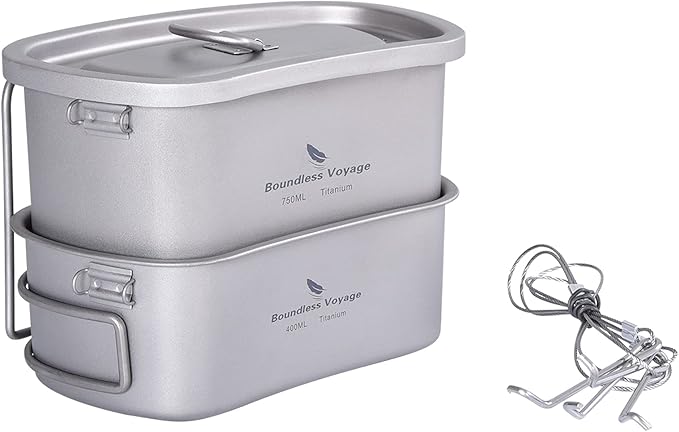 Boundless Voyage 1100ml Titanium Military Canteen & 750ml+400ml Mess Kit Set Ultralight Camping Bottle and Cookware with Folding Handle, Hanging Rope for Outdoor Cooking, Hiking, Backpacking Ti2049C