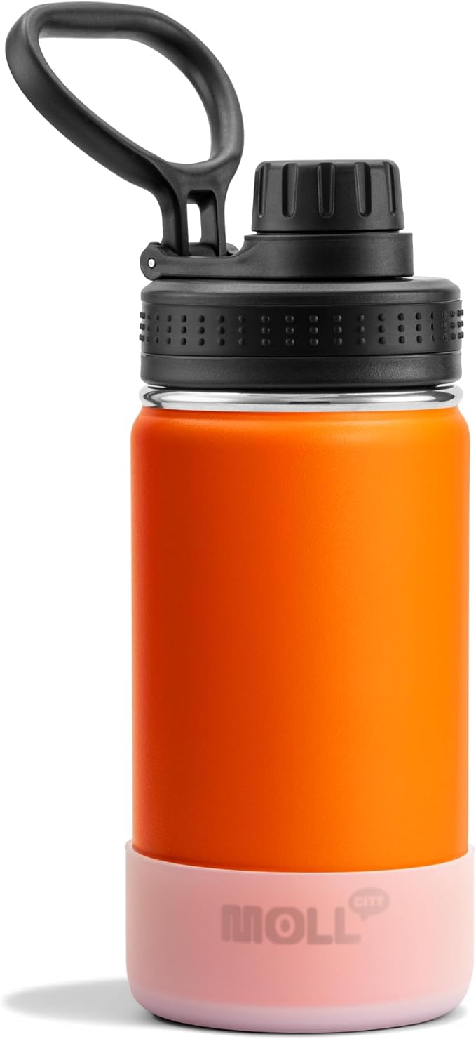 Kids Water Bottle-12 oz Stainless Steel Vacuum Insulated Sports Water Bottle for School, Reusable Metal Travel Water Flask with Silicone Boot (Orange)