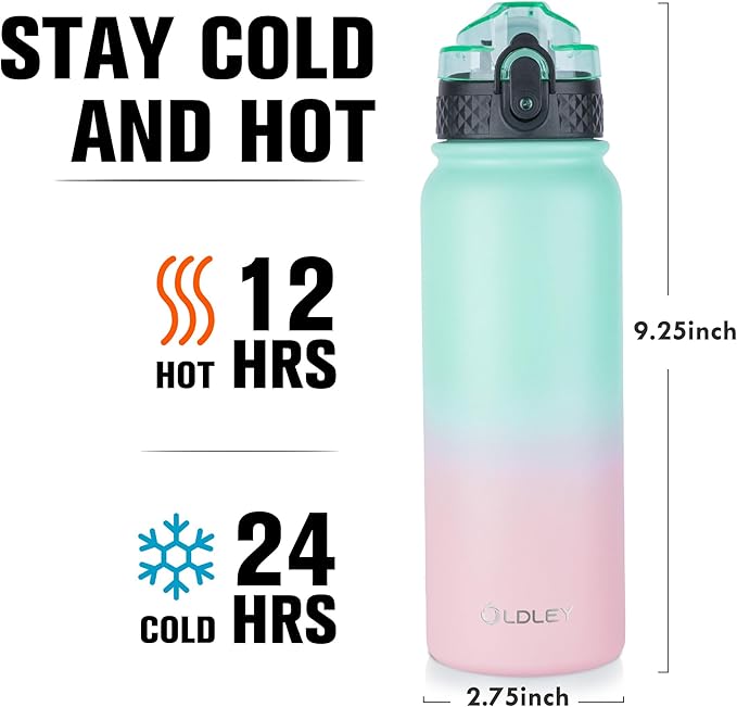 Insulated Water Bottle 20oz for Adults Kids Stainless Steel Water Bottles with Straw/Chug/Carabiner 3 Lids Fruit Strainer Double Wall Vacuum Wide Mouth BPA Free Sweat/Leak-Proof for School Travel