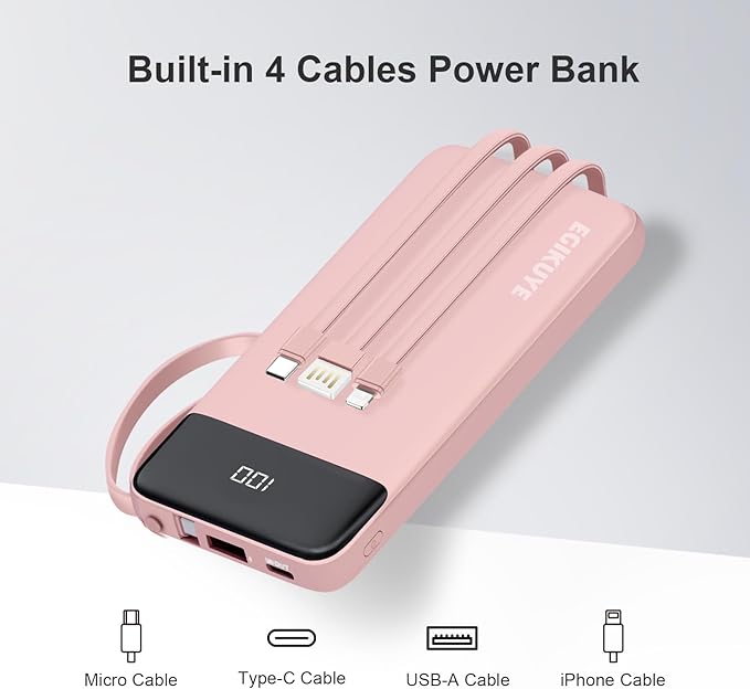 Power Bank 10000mAh Portable Charger with 4 Built-in Cables, Type-C in & Out Phone Charger, External Battery Charger Pack & Travel Essential for iPhone 16/15/14, Samsung, iPad, Android