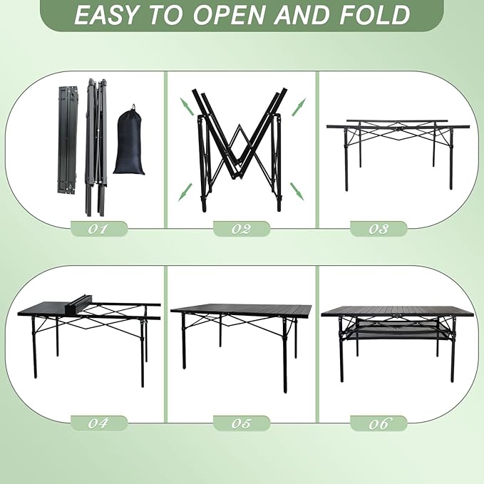 Large Folding Camping Table Aluminum with Storage for 4-6 People 55"X27.5" Roll Up Tall Outdoor Portable Table Lightweight with Carry Bag for Picnic BBQ Backyard Beach