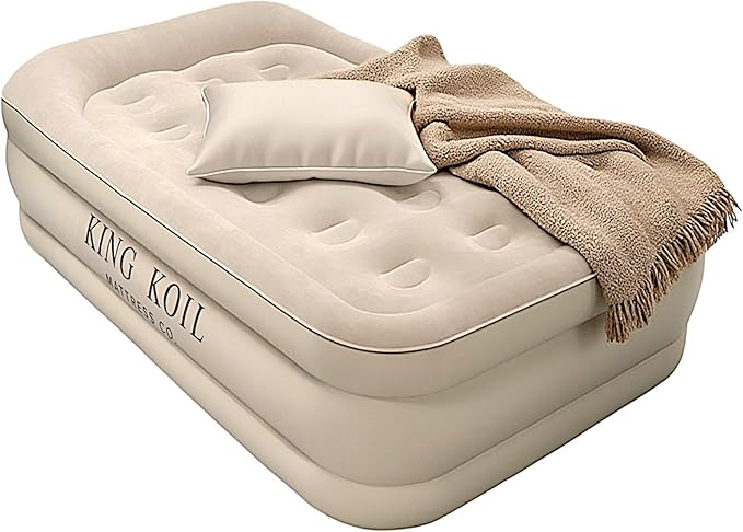 King Koil Luxury Twin Air Mattress with Built-in High Speed Pump for Camping, Home & Guests - 16" Twin Size Double High Airbed Luxury Inflatable Blow Up Mattress Waterproof