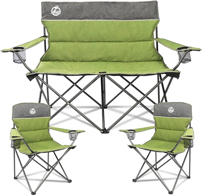 Northroad Outdoor Camping Chair Set of 3,Folding Padded Camp Chair,Collapsible Conversation Set w/1 Sofa,2 Single Chairs for Family Patio,Beach (Green)