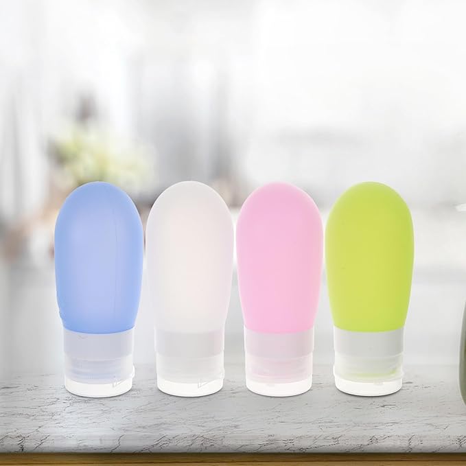Travel Squeeze Bottles Set of 4-80ml Silicone Toiletry Containers for Travel Shampoo Conditioner Lotion - Portable Leakproof in White Green Blue and Pink for Tsa-approved Hand