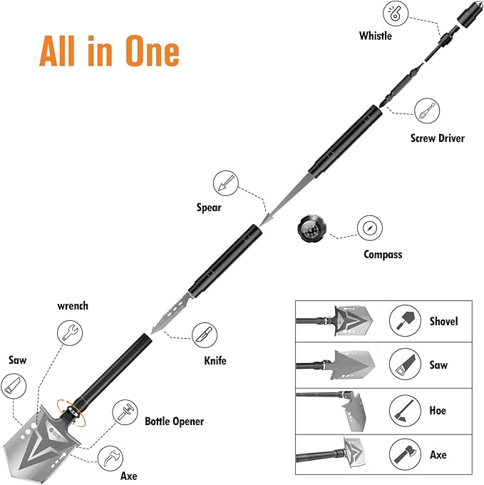 Sahara Sailor Survival Axe, Camping Folding Shovel with Hatchet with Large Shovel Head and 1.6-3.1 Ft Extented Handles, High Carbon Steel Survival Gear Equipment, Storage Bag Included