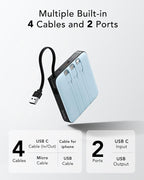 VRURC Portable Charger with Built-in 4 Cables, 20000mAh Battery Pack Charger Portable PD 20W Fast Charging, Power Bank for iPhone 16 15 14 13 12 11 X Samsung Galaxy Series Android Phone,Blue(1Pack)