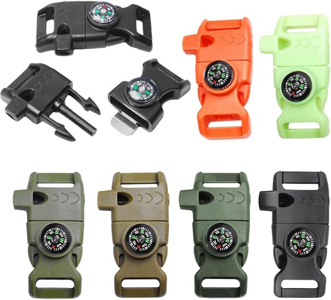 6Pack Assorted 5/8 Inch Compass Whistle Buckles Plastic Paracord Bracelet Outdoor Camping Emergency Survival Travel Kits