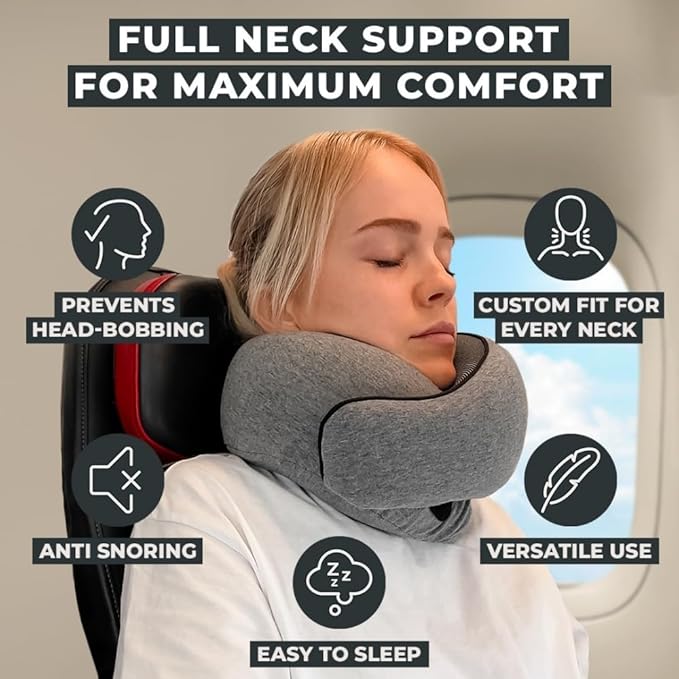 FlyHugz® Neck Travel Pillow | Memory Foam Neck Pillow for Comfort on Airplane | Compact and Ergonomic Design for Travel, Car Rides, and Home Use | Ideal for Adults and Kids