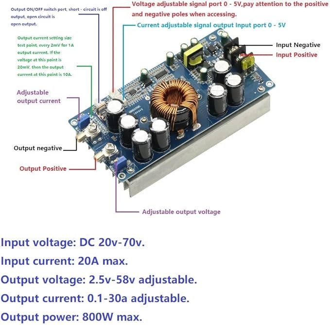 800W High Power DC-DC Buck Converter Step-Down Power Supply in 20-70V Out 2.5-58V 30A 800W