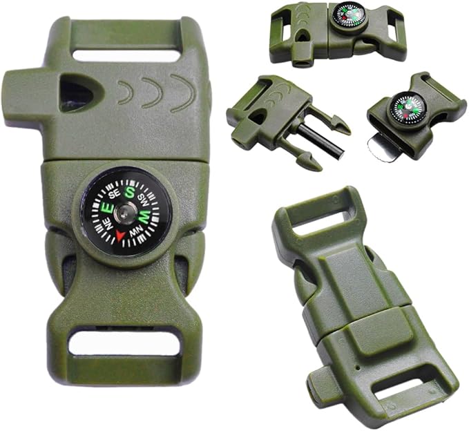 10Pack 5/8" Compass Whistle Buckle Plastic Paracord Bracelet Outdoor Camping Emergency Survival Travel Kits (OD Green)
