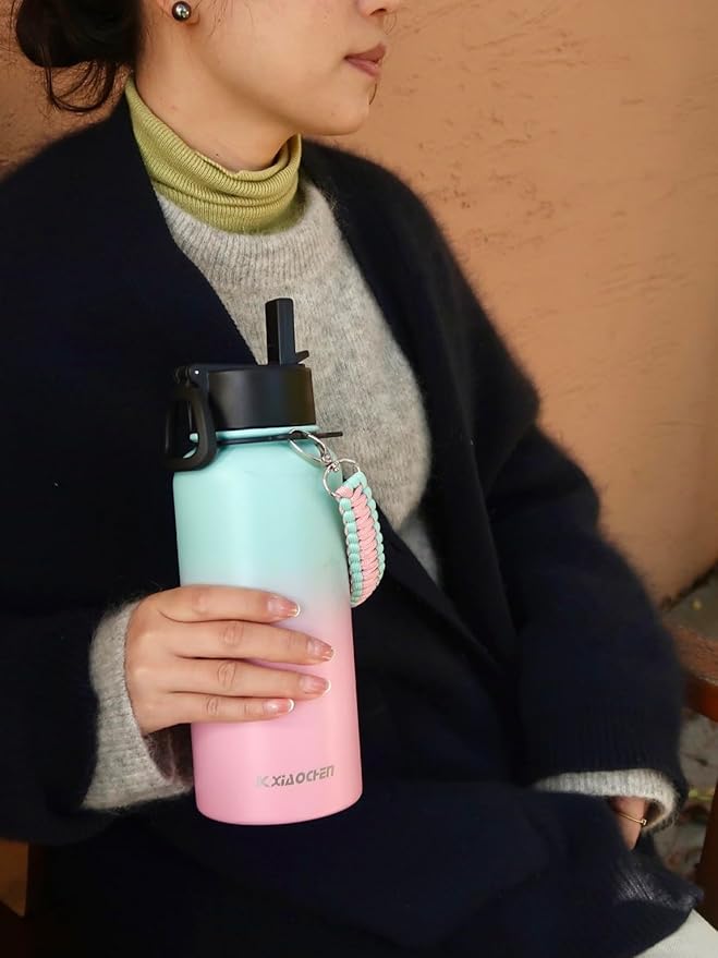 KXIAOCHEN Insulated Water Bottle, Stainless Steel Water Bottle, 2 Lids (Straw and Handle Lid),Wide Mouth Metal Water Bottles Keep Hot and Cold, Double Walled, Thermo Mug, Metal Canteen