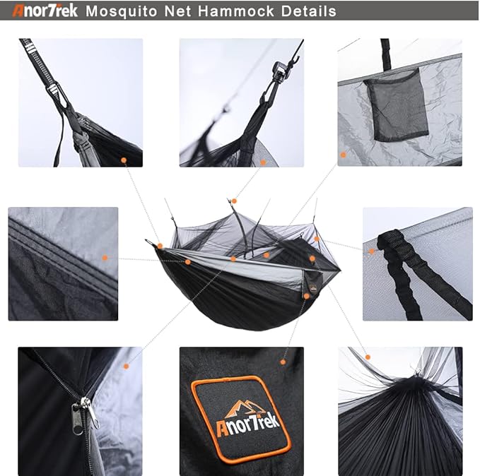 Camping Hammock with Mosquito Net, Double & Single Lightweight Portable Hammocks with Tree Straps, Parachute Hammock for Camping, Backpacking