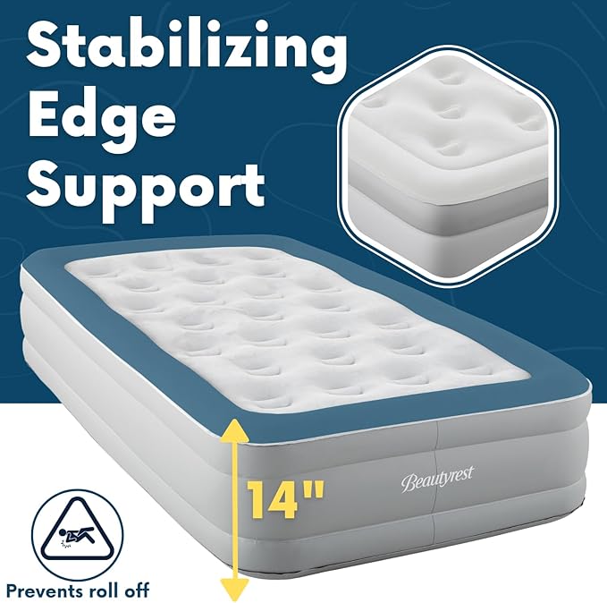 Beautyrest Skyrise Twin Size Air Mattress with Coil Beam Construction, Edge Support with External Pump and Puncture Resistant Vinyl for Guests and Camping
