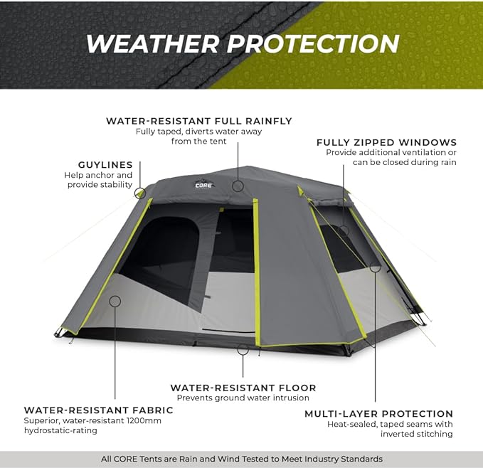 CORE Instant Cabin Tents | 6 Person / 9 Person / 10 Person / 12 Person Family Cabin Multi Room Pop Up Tents Car Camping | Included Storage Pockets for Camping Accessories