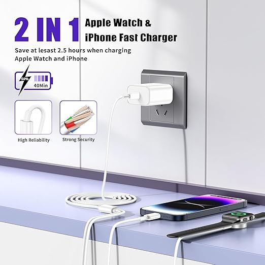 Upgraded Apple Watch Charger, Magnetic 2 in 1 Charger, USB C Charger Block Plug Adapter with 6FT iWatch Portable Wireless Fast Charging Cable Cord for iWatch Series Ultra/9/8/7/6/SE/SE2/5/4/3