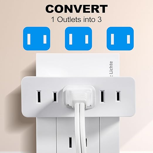 UL Listed 2 Prong 3-Outlet Wall Tap, 2 Prong Triple Outlet Converter Plug Extender, Multi-Plug Outlet Adapter, Polarized White, for living rooms, kitchens, offices and more. (1 Pack)