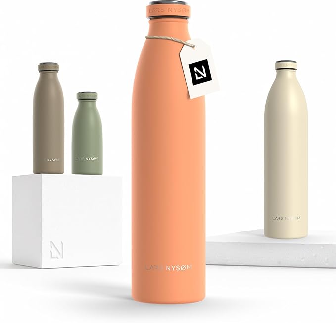 LARS NYSØM Stainless Steel Insulated Water Bottle 12 oz 17 oz 25 oz 34 oz 51 oz | Insulated Thermo Flask for Hot and Cold Beverages | Leakproof Drinking Bottle (Pumpkin Orange, 33.8 oz)