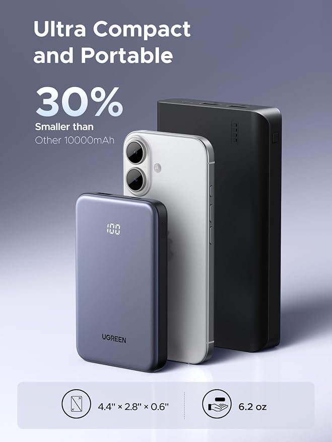 UGREEN Power Bank 10,000mAh 22.5W, Compact Portable Charger USB-C PD3.0 Travel Fast Charging Battery Pack with Digital Display for iPhone 17/16/15/14/13/12 Pro Max, Galaxy S25/S24 Ultra