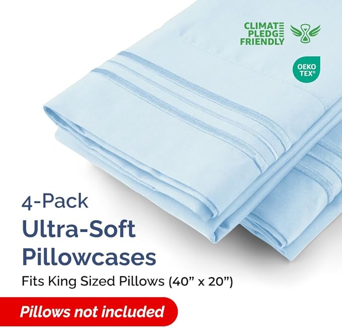 Pillowcases - Ultra Soft Hotel Quality Pillowcase Covers - Comfy, Cozy & Wrinkle Free - Shrinkage and Fade Resistant - Machine Washable Pillow Protectors - (King, Sky Blue, 4 Piece Set)