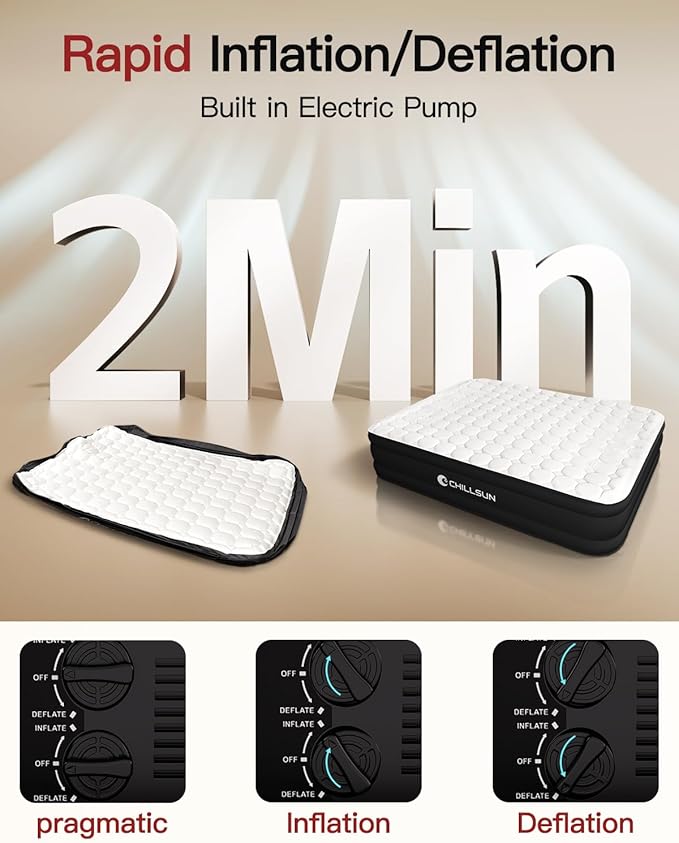 CHILLSUN Queen Air Mattress with Built in Pump,Raised Comfort Blow up Mattress,Dual Layer Mattress Topper Airbed,Durable Inflatable Mattress for Guests Home,Colchon Inflable 800lbs Max