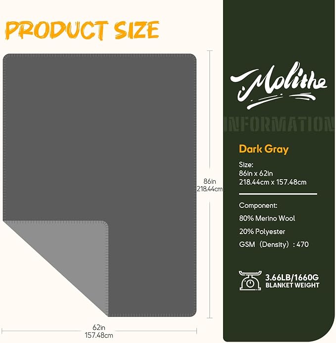 Merino Wool Blend Camping Blanket Ultra Warm, Moisture Wicking, Portable Outdoor Blanket for Camping, RV Trips, Adventures, Picnic, Bushcraft Survival Kits, Large 86"x62"