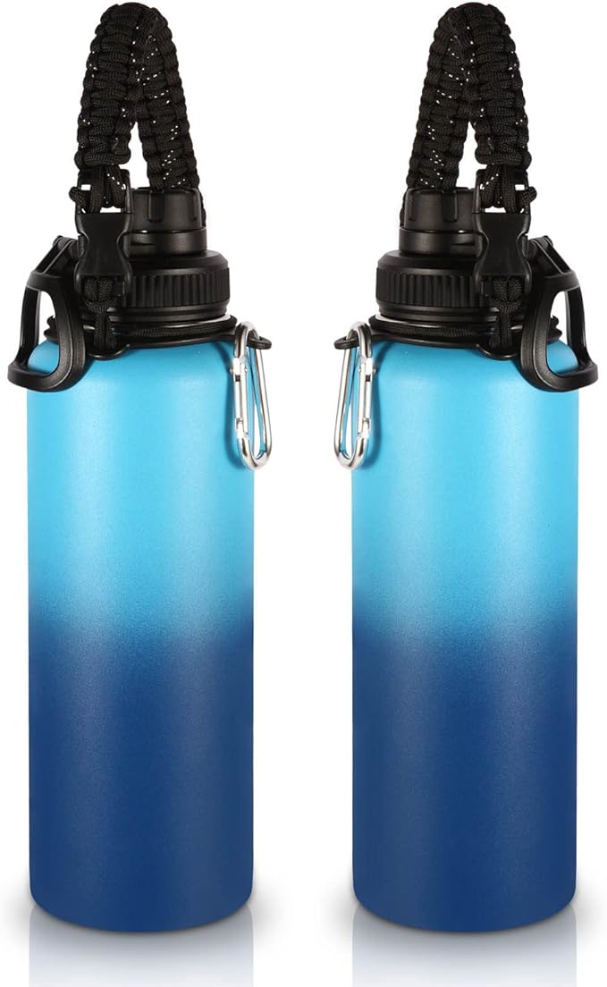 Volhoply Insulated Water Bottles Bulk 2 Pack, 40 oz Stainless Steel Sports Bottle with Paracord Handle & Spout Lid,Metal Water Cups with Wide Mouth,Reusable Water jug for Adults(Green Pink,2 Set)