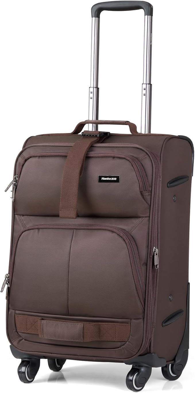 Hanke 20 Inch Softside Expandable Carry On Luggage with Spinner Wheels, Rolling Suitcase Travel Luggage with TSA Approved Luggage,Coffee