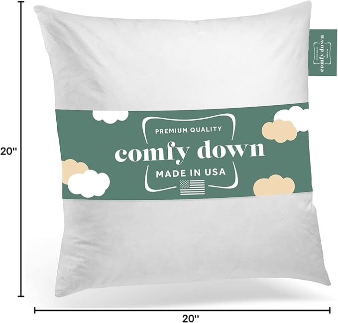Decorative Throw Pillow Insert, Down and Feathers Fill, 100% Cotton Cover 233 Thread Count, Square Pillow Insert - Made in USA (20" x 20")