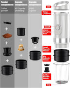 Portable Espresso Machine 3Minute Auto Heat12V Rechargeable Electri Coffee Maker 20 BaCompatible with NS DG Capsules and GroundCoffee for Camping, Travelling RVing HikingandOffice (White)