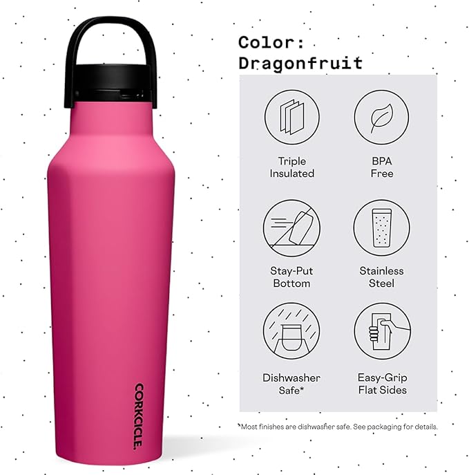 Corkcicle Sport Canteen Insulated Tumbler, Dragonfruit, 20 oz – Reusable Water Bottle Keeps Beverages Cold for 25 Hours & Hot 12 Hours – Cupholder Friendly Tumbler with Screw-On Cap
