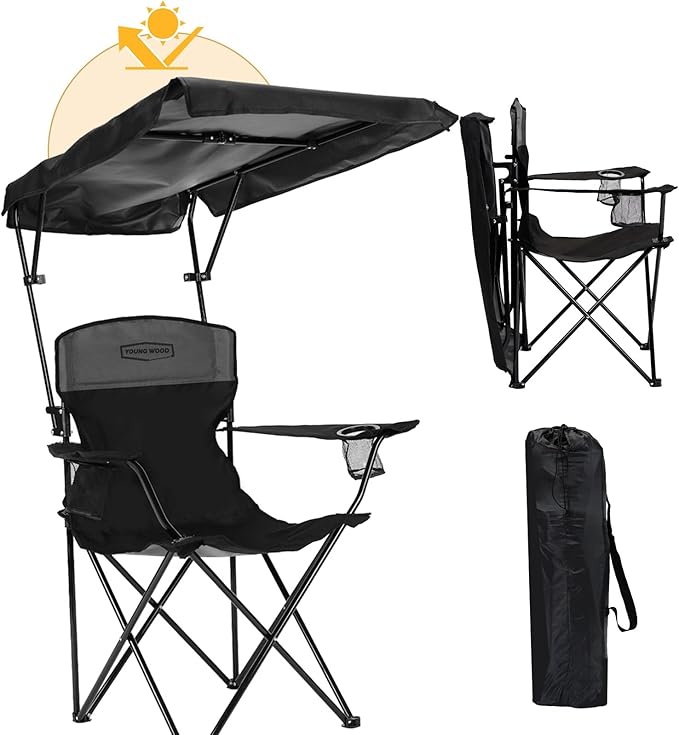 YOUNG WOOD Portable Camping Chair Beach Chair with Shade Canopy, Fold Lightweight Oversized for All, Easy to Open and Close Without Installation, Side Pocket Design for All Outdoor Activities,Black,2p