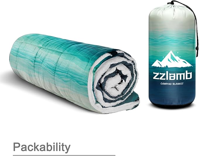 zzlamb Sherpa Puffy Camping Blanket,Packable Outdoor Warm Wearable Fleece Blankets for Cold Weather,Thick Camp Quilt with Sherpa Lining for Sleeping,Traveling,Backpacking,Picnics,Beach,Stadium 52x75in