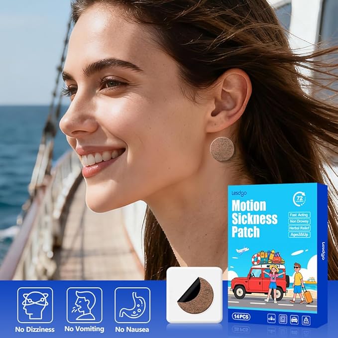 Motion Sickness Patches (14 Count) for Car and Boat Rides, Ships, Cruise and Airplane & Other Forms of Transport - Travel Essentials