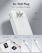 Portable Charger Built-in Cables and AC Wall Plug, 12000mAh power Bank, USB C 22.5W Fast charging Phone Charger ,Compact Lightweight External Battery Pack for iPhones, iPad, Samsung，Tablets, etc.