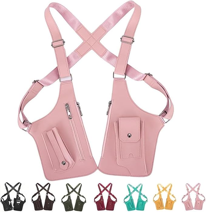 Double Shoulder Armpit Bag, Multi-pocket Anti-Theft Double Shoulder Bag for Travel and Daily Use, djustable Underarm Backpack (Pink)