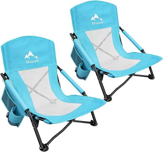 Oileus Low Beach Chair for Beach Tent/Shelter/Camping/Outdoor Ultralight Backpacking Folding Recliner Chairs with Cup Holder/Storage Bag, Carry Bag, Breeze Mesh Back, Compact Duty 2 Pcs