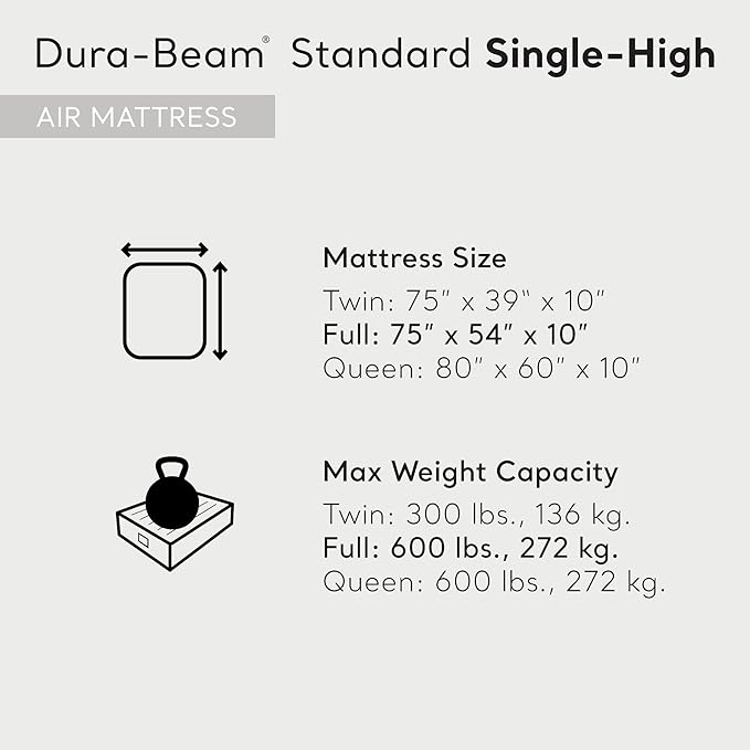 Intex 64102E Dura-Beam Standard Single-High Air Mattress: Fiber-Tech – Full Size – 10in Bed Height – 600lb Weight Capacity – Pump Sold Separately