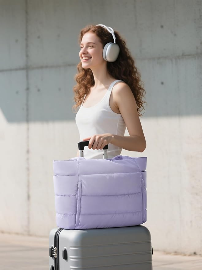 Puffer Tote Bag for Women, Lightweight Puffy Work Handbag Teacher Nurse Quilted Shoulder Bag for School Travel Gym