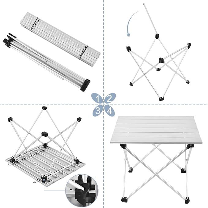 Grope Portable Camping Table with Aluminum Table Top, Folding Beach Table Easy to Carry, Prefect for Outdoor, Picnic, BBQ, Cooking, Festival, Beach, Home (Silver-L)