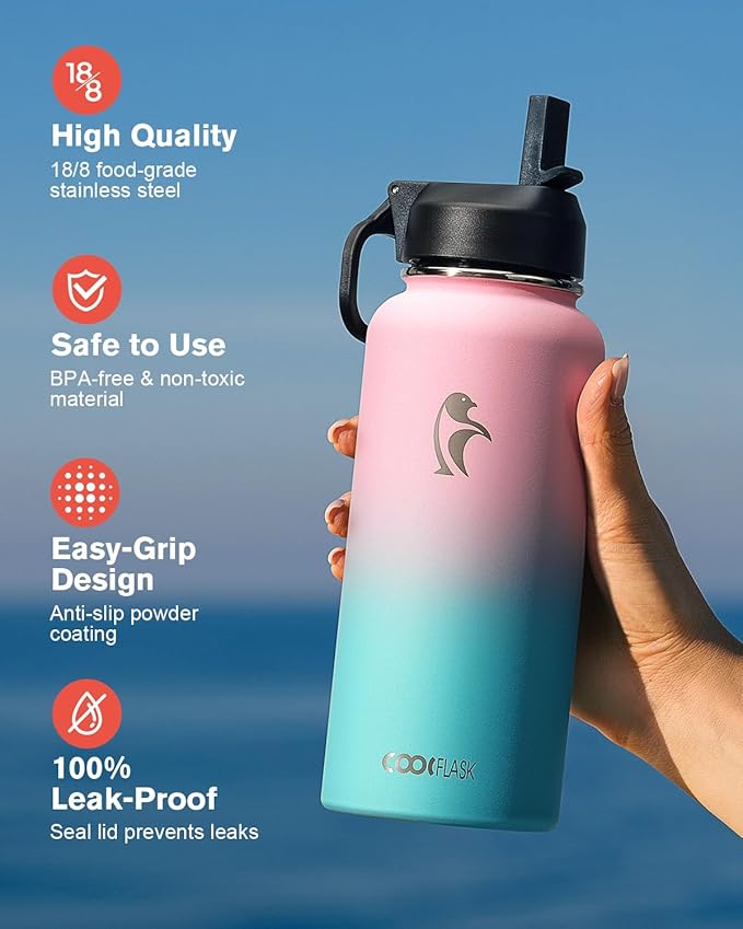 32 oz Insulated Water Bottle with Straw&3 Lids, Coolflask Stainless Steel Metal Flask Wide Mouth for Sports or Office, Non-BPA Keep Cold Up to 48 Hrs or Hot Up to 24 Hrs, Bubblegum Princess