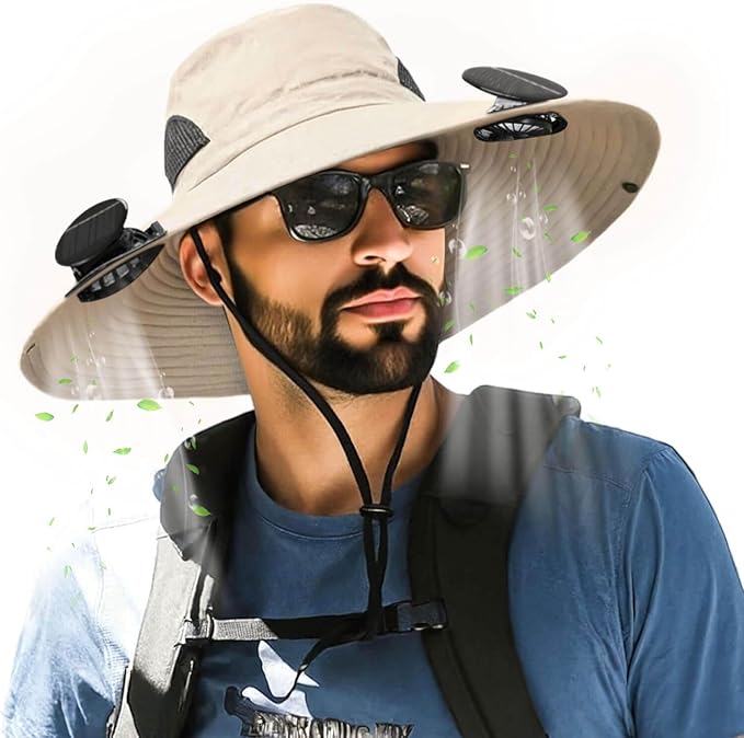 Outdoor Wide Brim Sun Hat with 2 Solar Fan for Men Women UPF50+ Outdoor Hiking Sun Protection Bucket Fishing&Cycling Hat