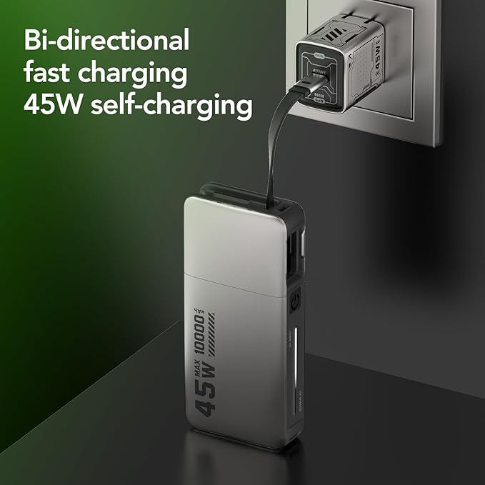 45W Power Bank, Portable Charger Built-in Retractable Cables with LED Display, 10000mAh 2 USB-C Fast Charging Powerbank for iPhone 16/15 Series, MacBook, and More