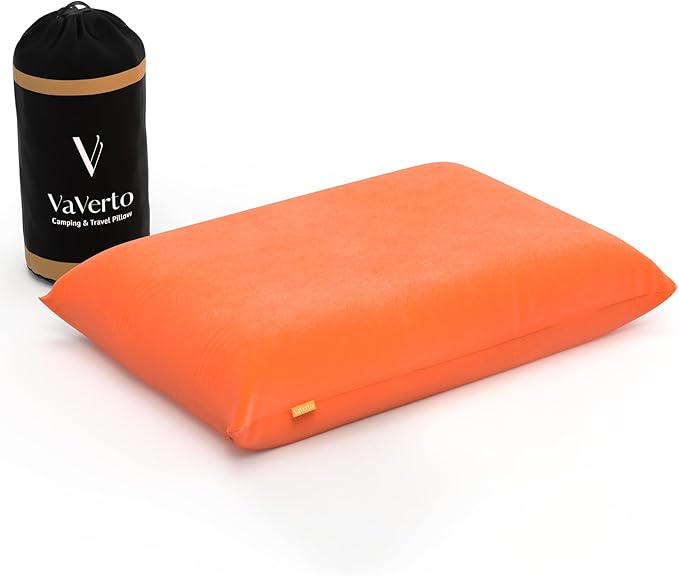 Vaverto Rusty Orange Travel and Camping Pillow - Compressible Medium Firm Memory Foam, Viscose Made from Bamboo Cover, Machine Washable, Ideal for Backpacking, Airplane, Car Travel